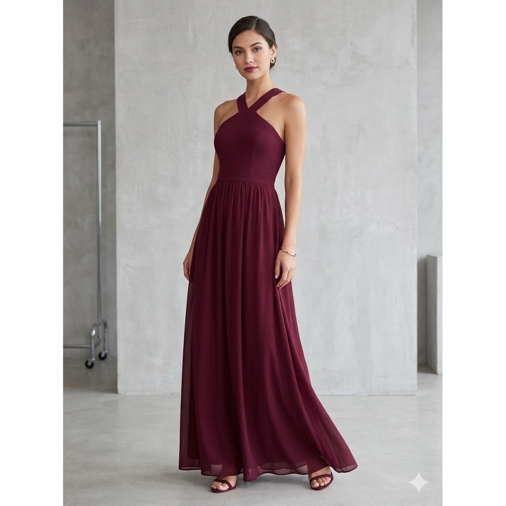 Women's Elegant Burgundy Chiffon Maxi Dress‎ – Perfect for Formal Occasions Sz S
